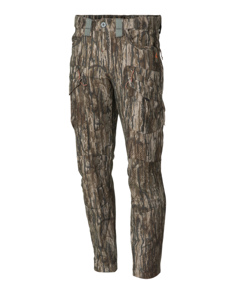 Men’s lightweight Thacha hunting pants in Realtree Legacy camo featuring articulated knees, multiple zippered cargo pockets, and a streamlined athletic fit main.