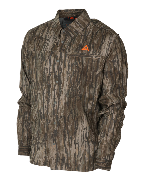 Angled front view of the Thacha Men’s Lightweight Button-Up Hunting Shirt in Realtree Legacy camo, showing the chest pocket detail and overall lightweight construction.