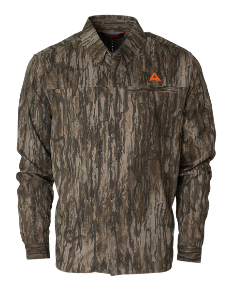 Front view of the Thacha Men’s Lightweight Button-Up Hunting Shirt in Realtree Legacy camo, featuring a snap-button closure and an orange logo on the chest main.