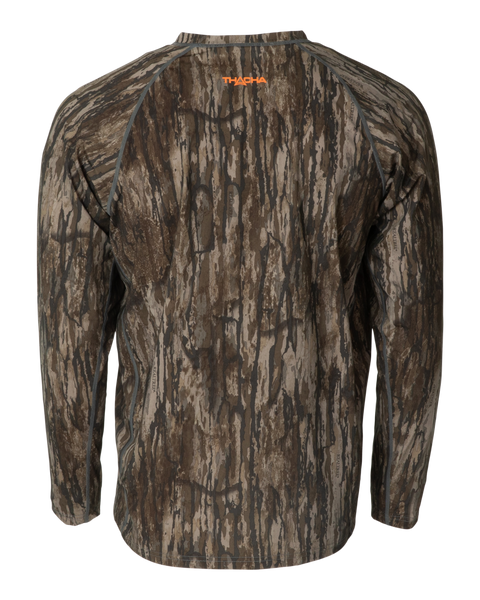 Back view of the Thacha Men’s Lightweight Long Sleeve Hunting Shirt in Realtree Legacy camo, highlighting the full-coverage pattern and orange Thacha logo at the neck.