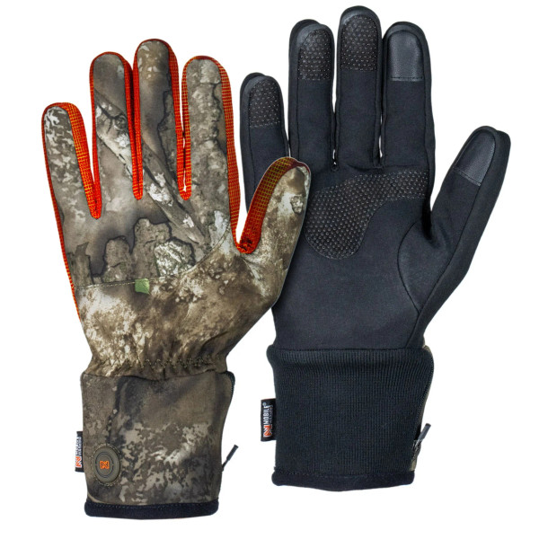 Mid-weight heated hunting gloves displayed front and back in Realtree APX camo, showing the insulated camo shell and durable black palm design.