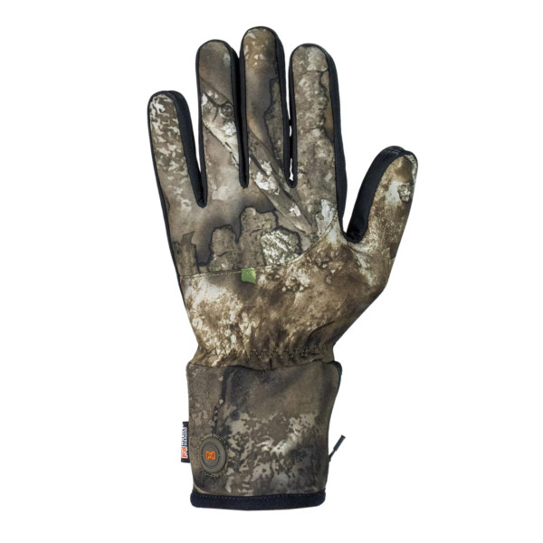 Front view of a mid-weight heated hunting glove in Realtree APX camo, highlighting the smooth camo exterior and low-profile heating button near the wrist.
