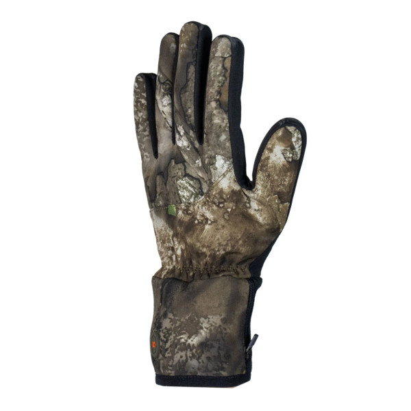 Side profile of the heated glove in Realtree APX camo showing the contoured fit and wrist-length design.
