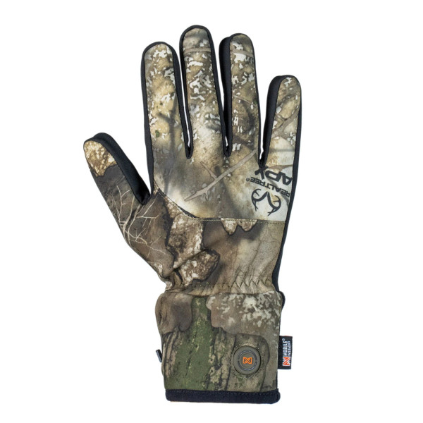 Front view of the heated glove showing the Realtree APX camo shell and subtle heating panel placement across the fingers and hand.