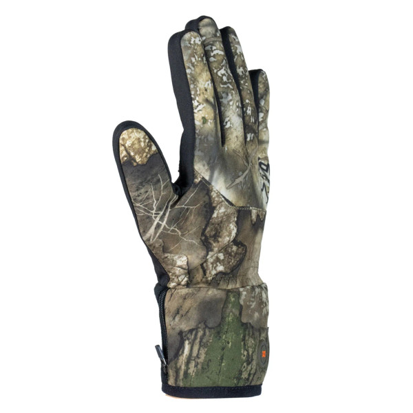 Pair of heated hunting gloves displayed side by side, featuring Realtree APX camouflage on the exterior and a black reinforced palm for added durability.