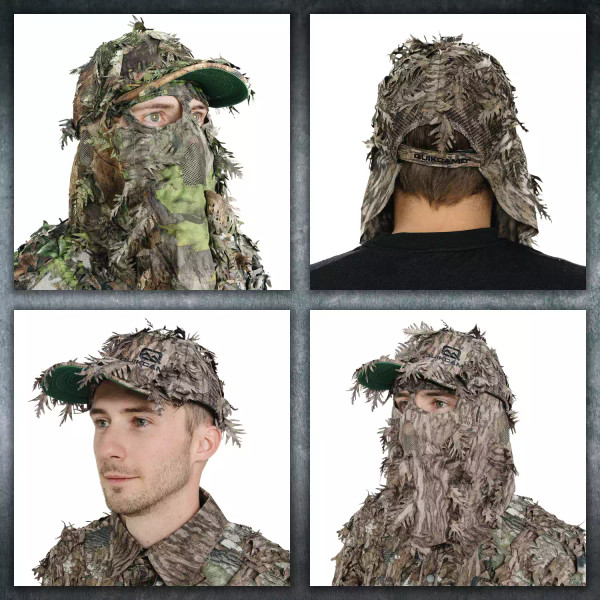 A four-panel layout shows the QuikCamo leafy hat worn as a mask, viewed from the back, worn as a regular cap, and worn with the mask deployed for full camouflage.