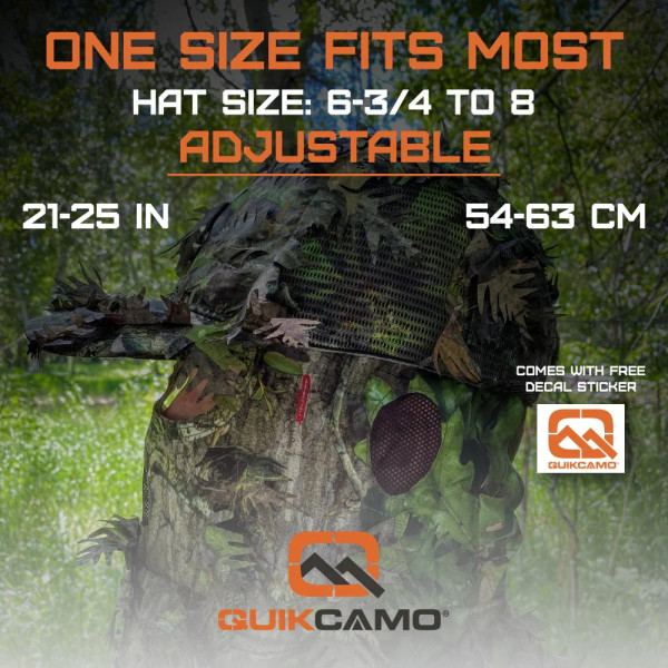 QuikCamo leafy camouflage face mask and cap displayed on a hunter in the woods, highlighting the adjustable one-size-fits-most fit with sizing information in inches and centimeters.