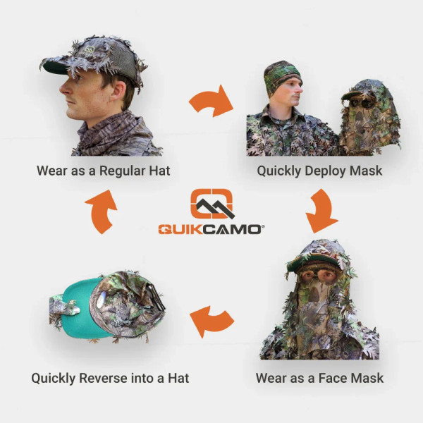 A step-by-step diagram demonstrates the QuikCamo 2-in-1 hat converting from a regular cap to a deployed mask, reversing back into a hat, and being worn as a face mask.
