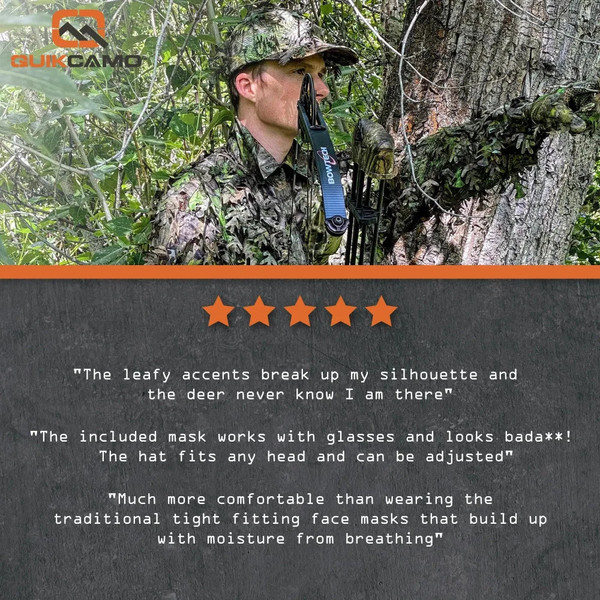 QuikCamo leafy hunting face mask and hat worn by a bowhunter, accompanied by customer review quotes describing comfort, adjustability, and improved concealment.