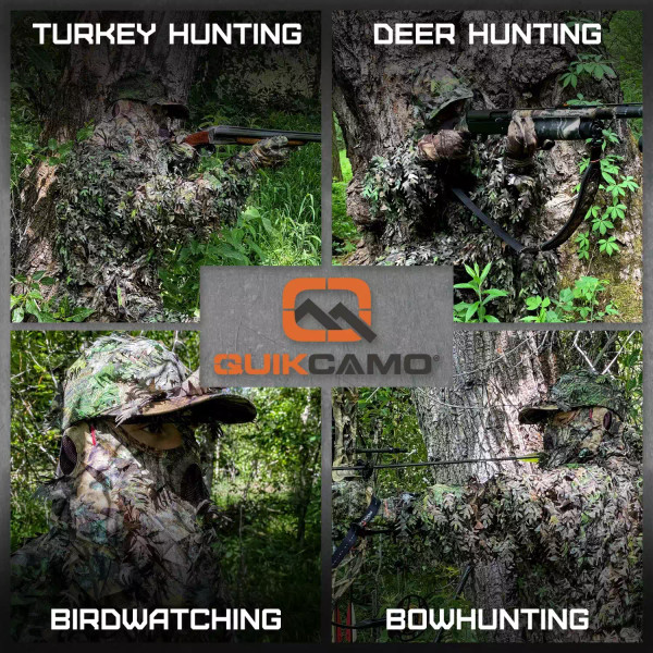 QuikCamo leafy camouflage face mask and hat shown in four outdoor scenarios—turkey hunting, deer hunting, birdwatching, and bowhunting—to demonstrate versatile field use.