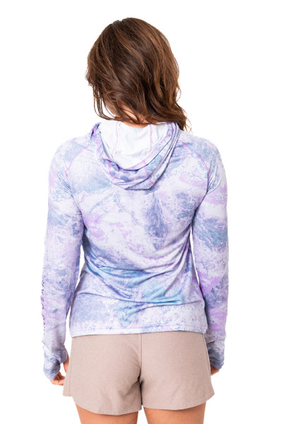 Back angled view of the lavender rose hooded shirt, focusing on hood shape and fabric drape.