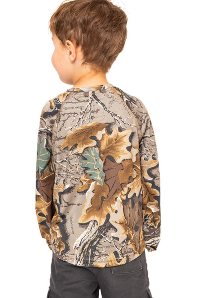 Back view of the kid’s Realtree Advantage Classic long-sleeve shirt, showing full coverage of the oak-leaf camo pattern.