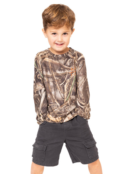 Front view of the Realtree MAX-7 youth long-sleeve camo shirt displaying the pattern clarity and natural-tone print coverage.
