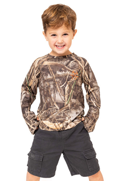 Front view of the kid’s Realtree MAX-7 long-sleeve crew shirt, showing the allover waterfowl camo pattern and orange Realtree Kid logo on the chest main.