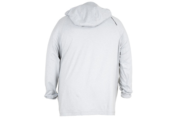 Back view of a men's light gray long-sleeve hooded performance shirt with a relaxed fit and attached hood.
