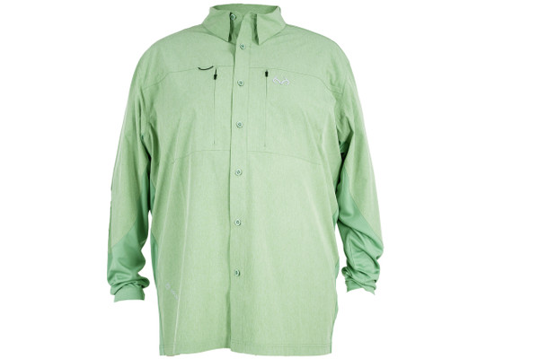 Front view of the men's green long sleeve Realtree guide shirt featuring a button-down design, chest pockets, and lightweight performance fabric.