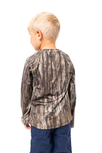 Rear view of the kid’s long sleeve Realtree Legacy camo shirt, showing the full back pattern and relaxed fit of the lightweight performance fabric.