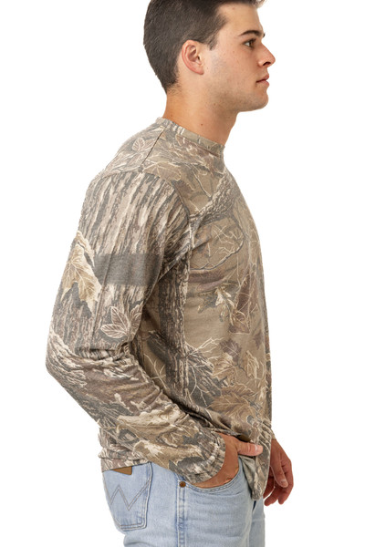 Side profile of the Men's Long Sleeve Tri-Blend Camo Shirt in Realtree XTRA Grey.