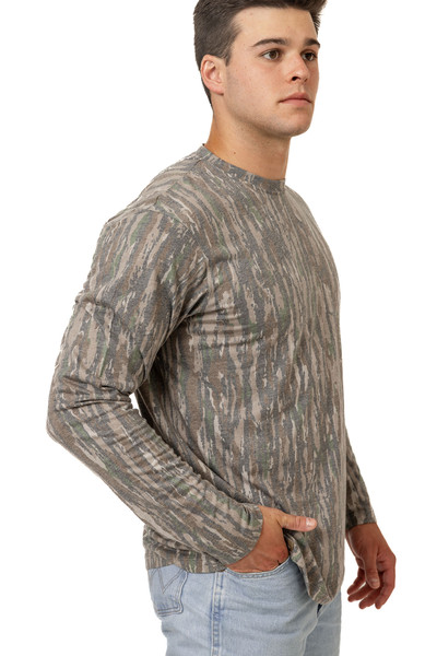 Side view of the shirt worn, highlighting sleeve length and fabric texture.