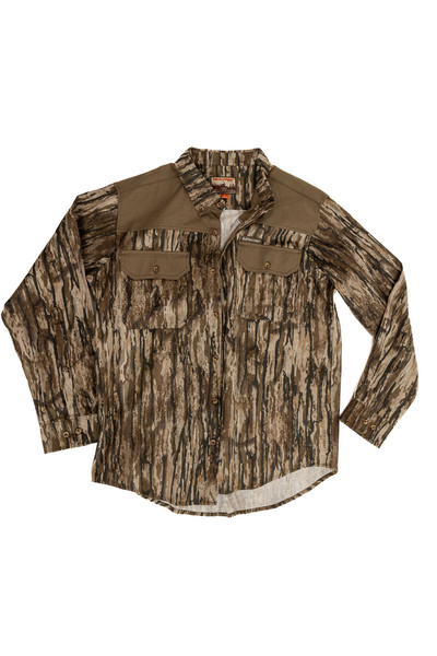 Flat lay of the Men's Milk River Button Down Camo Shirt in Realtree Legacy, displaying its full cut, button front, and dual chest pockets.