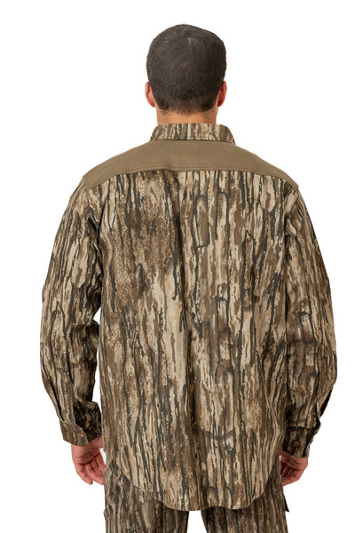 Back view of the Men's Milk River Button Down Camo Shirt in Realtree Legacy, showing the solid shoulder yoke and full camo pattern.