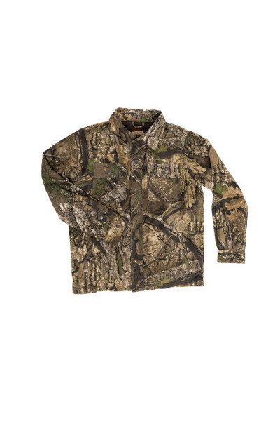 Flat lay of men’s Realtree APX camo jacket showing full design