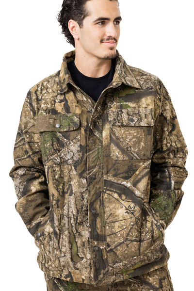 Close front view of camo jacket highlighting logo, pockets, and button front