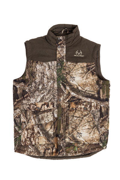 Flat lay of the Men's Camo Puffer Vest in Realtree APX, displaying the full vest design, pockets, high collar, and camo detailing.