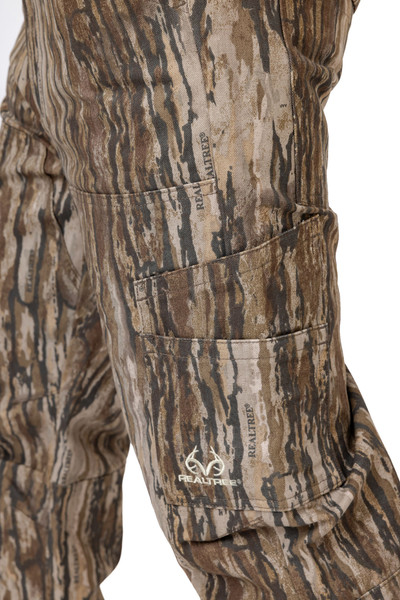 Men's Farmhand Camo Work Pants | Realtree Legacy — side view of the cargo pocket with embroidered logo detailing.