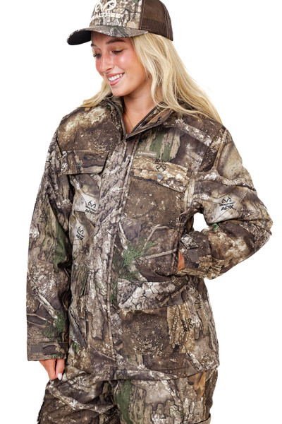 Front view of the women's Realtree APX parka, highlighting chest pockets and the full-zip insulated design.