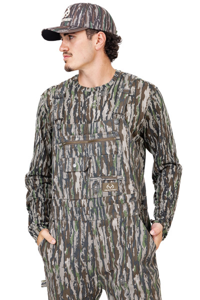 Model wearing the Men’s Bamboo Long Sleeve Camo Crewneck in Realtree Original, showing the lightweight, breathable fabric and full-coverage camo pattern main.