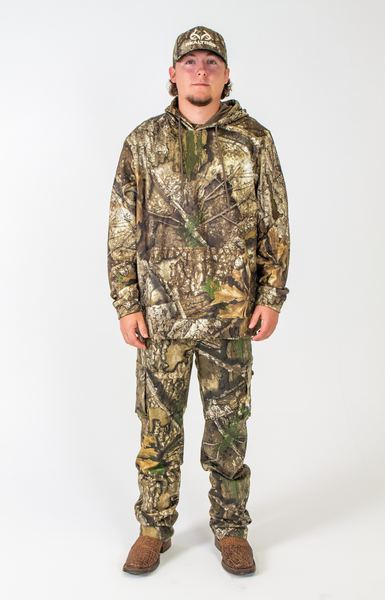 Men’s Realtree APX poly camo hoodie shown with matching pants, offering a full-body look at the lightweight camo set.