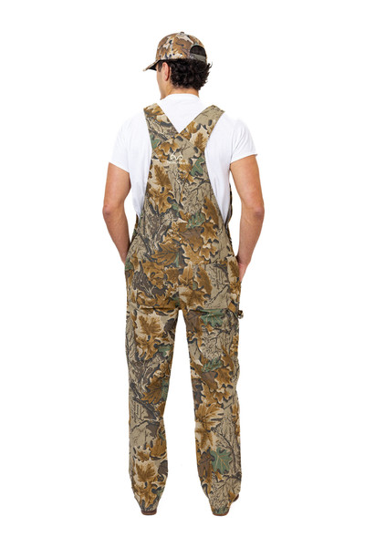 Back studio view of men’s Realtree Advantage Classic bib overalls, highlighting the rear pockets and strap placement.