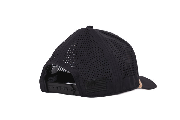 Back angled view of the black Center Stage hat showing perforated mesh panels and an adjustable black snapback closure.