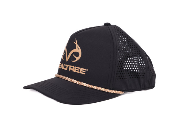 Side view of the black Center Stage Realtree hat with perforated mesh side panels and tan antler logo visible from the front angle.