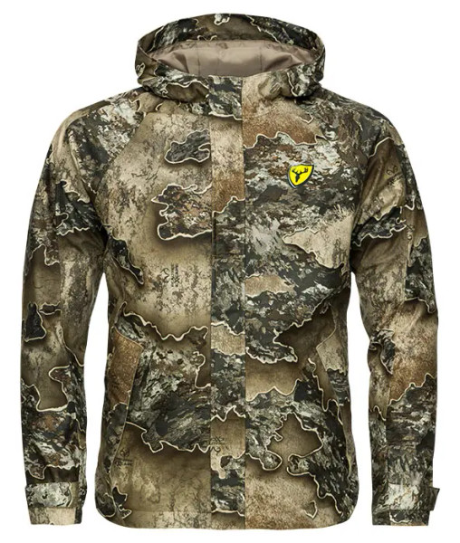 Men’s insulated jacket in Realtree EXCAPE camo featuring layered rocky terrain patterns in earth-tone browns, grays, and muted greens main