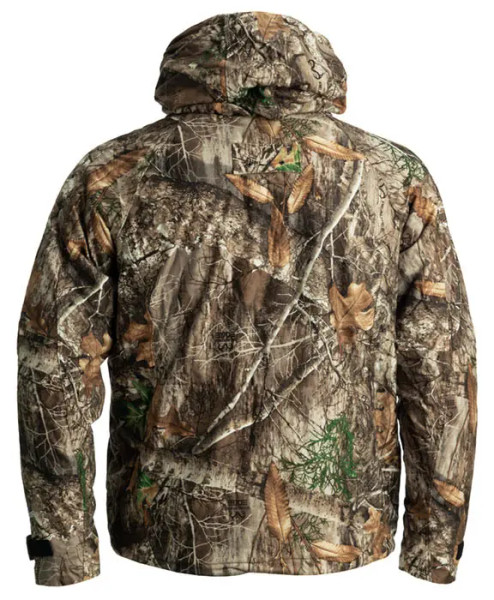 Rear view of Realtree EDGE camo jacket with full woodland bark and branch pattern coverage across hood and body.