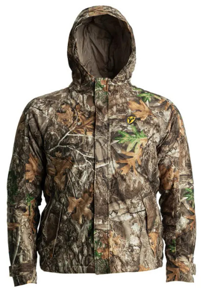 Hooded jacket in Realtree EDGE camo with seamless leaf and branch detailing designed for wooded concealment.