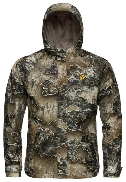 Hooded insulated jacket in Realtree EXCAPE camo showcasing layered stone-like shapes and natural landscape tones.