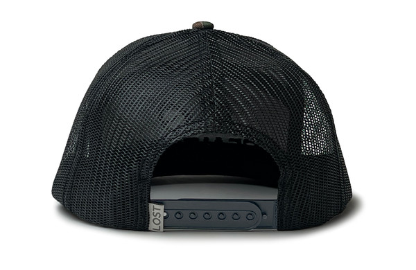 Back view of Team Realtree Feather SA7AGE hat with black mesh panels and adjustable snapback closure.
