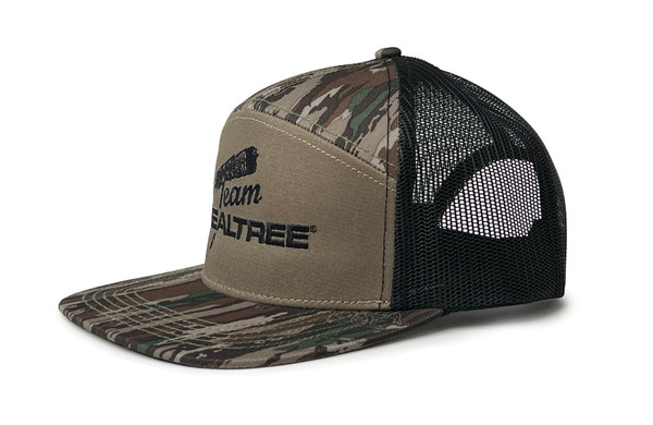 Side view of Team Realtree Feather SA7AGE hat in Realtree Original camo with tan front panel and black mesh back main