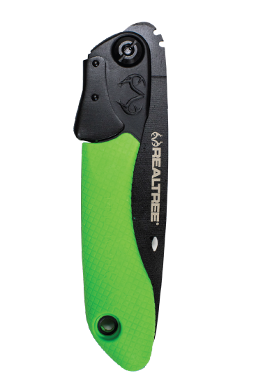 A Realtree EZ Saw with a black folding blade and bright green textured handle, shown in its closed position main.
