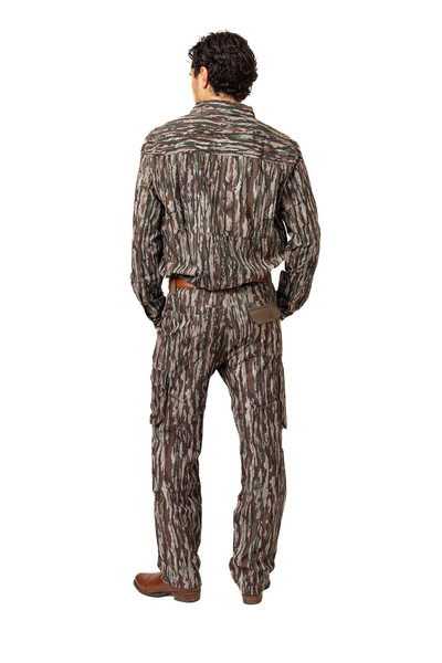Full rear view of man wearing matching Realtree Original camo shirt and pants.