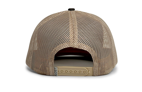 Back view of a tan mesh-back trucker hat with adjustable snapback closure and camo pattern on the underside of the bill.
