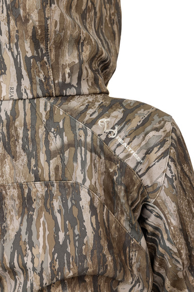 Close-up of the Realtree Legacy jacket’s back shoulder area, showing stitched paneling and printed Realtree logo.