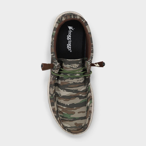 Top view of Realtree timber camo Frogg Toggs Java 2.0 shoe showing lace-up closure, moc-toe design, and cushioned interior.