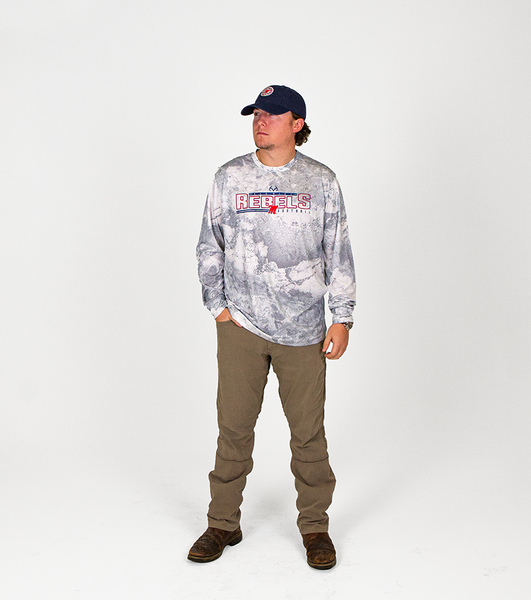 Realtree XTREME Colors long-sleeve Ole Miss Rebels Football shirt shown worn, displaying full front design with gray camo pattern and red-and-blue Rebels logo main.
