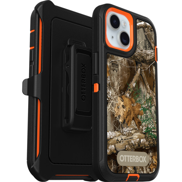 OtterBox Defender Series iPhone case in Realtree EDGE camo with blaze orange trim, shown attached to black belt-clip holster; bark, branches, and leaf camouflage pattern on back panel main