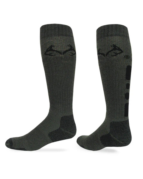 Men's Ultra-Dri® Elimishield tall green boot socks featuring a moisture-wicking Merino blend, reinforced heel and toe panels, and black Realtree antler logos near the cuff.