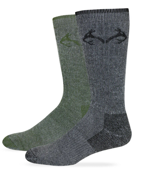Two-pack of men’s Merino wool blend boot socks in gray and olive green, each featuring the Realtree antler logo near the cuff main.